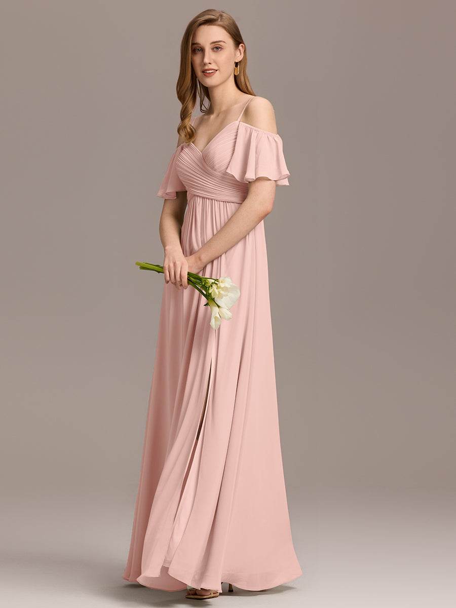 Off Shoulder Short Sleeve Pleated A-Line Bridesmaid Dress with Side Split – Floor Length - Biamonde